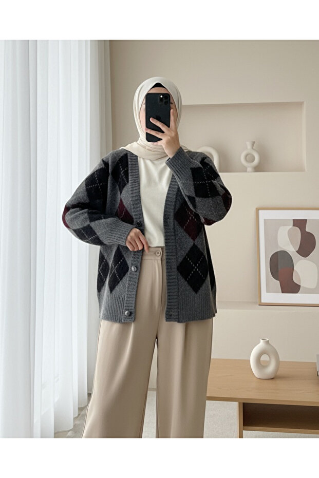 كارديجان تريكو مربع منقوش بطبقة مزدوجة بأزرار - مدخن - 2