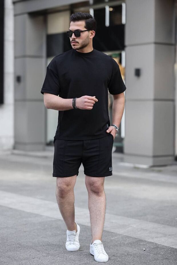 Erkek Alt Üst Oversize Tişört Basic Şort Siyah Ikili Takım - 5