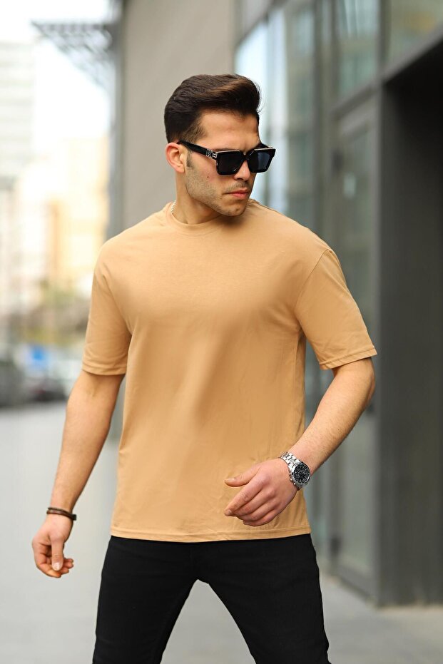 Ανδρικό μπλουζάκι Oversize Basic Crew Neck Loose Camel - 4