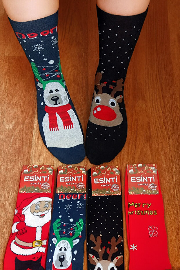 Men Women Kids New Year's Long Black Christmas Themed Gift Socks Set 4 Pcs