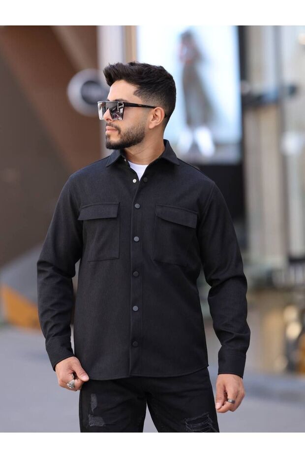 Erkek Basic Yün Efekt Örme Uzun Kol Siyah Bol Gömlek - 2