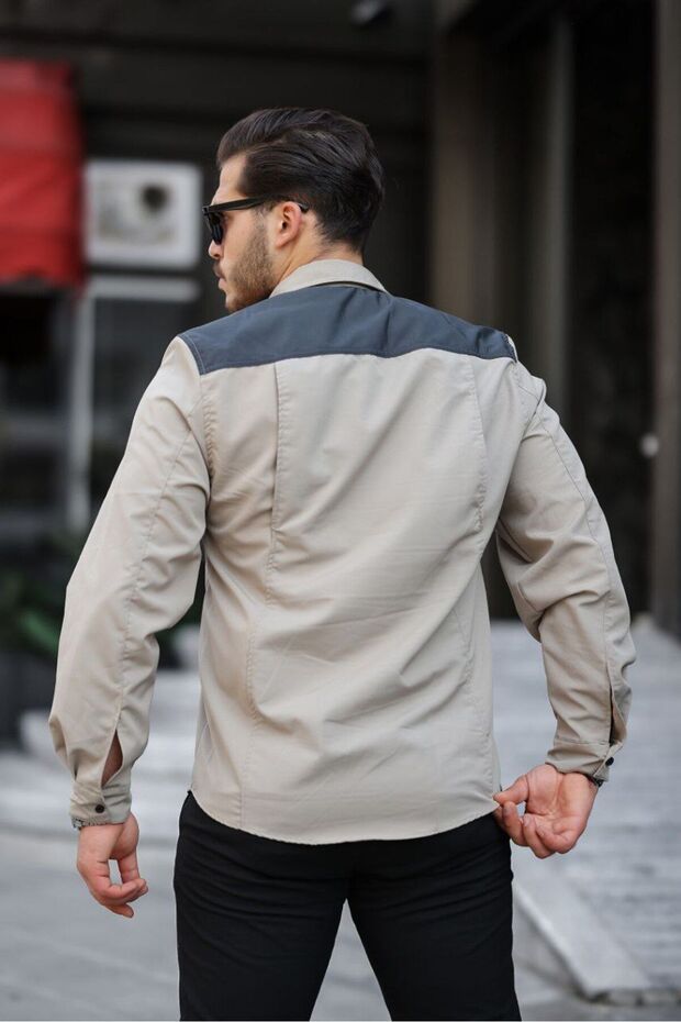 Erkek Paraşüt Kumaş Dar Uzun Kol Basic Krem Gömlek - 2