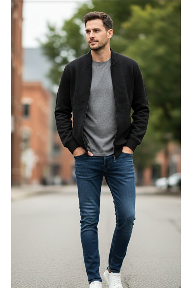 Güncüoğlu Zippered Lined Steel Knitted Cardigan