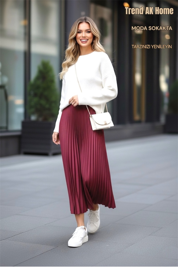 Pleated Skirt with Elastic Waist - Color Burgundy (Standard Size)