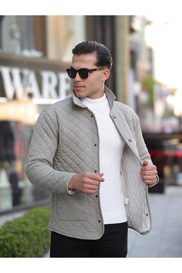 Men's Snap Fastener Basic Winter Fur Gray Quilted Coat - 2