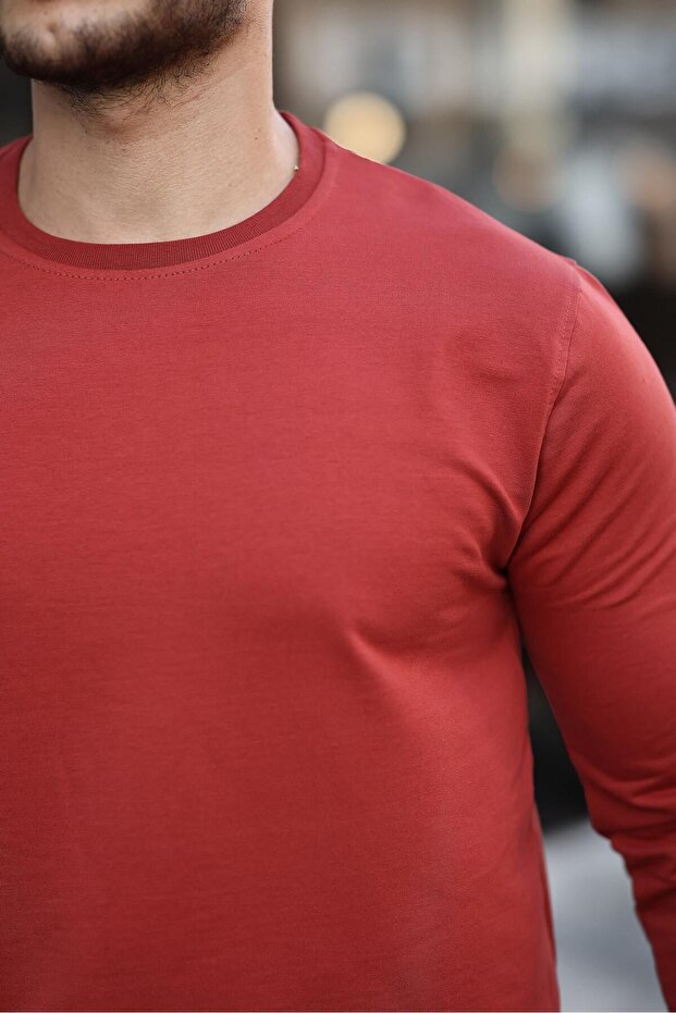 Erkek Bisiklet Yaka Basic Uzun Kol Dar Kırmızı Sweat - 2