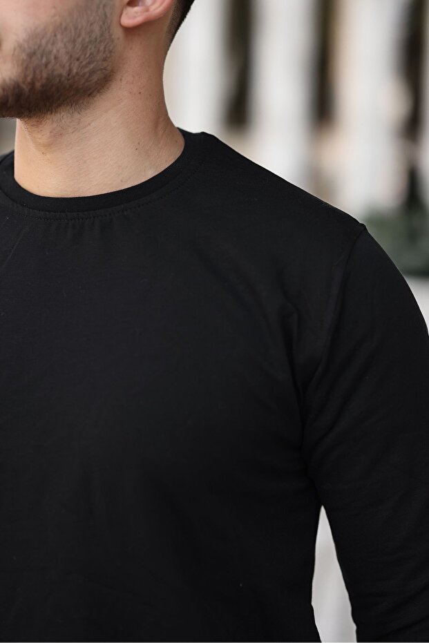 Erkek Bisiklet Yaka Basic Uzun Kollu Dar Siyah Sweat - 2