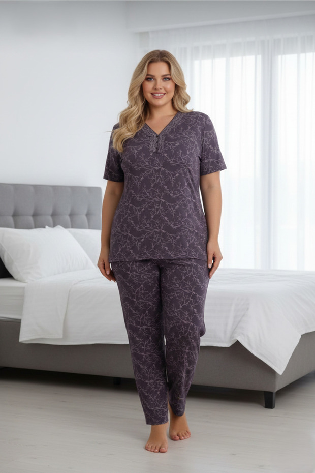 Women's Plus Size Curve Print Lapel Lace Buttoned Short Sleeve Bamboo Pajamas Set