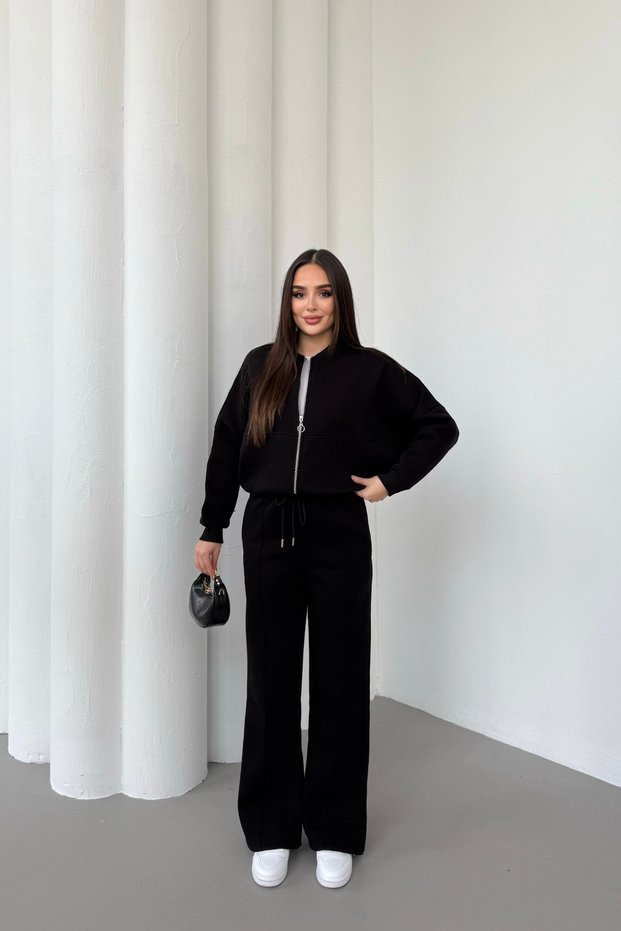 Women's Fleece-Lined Zipper Detailed Three Thread Cotton Winter Tracksuit Set Black