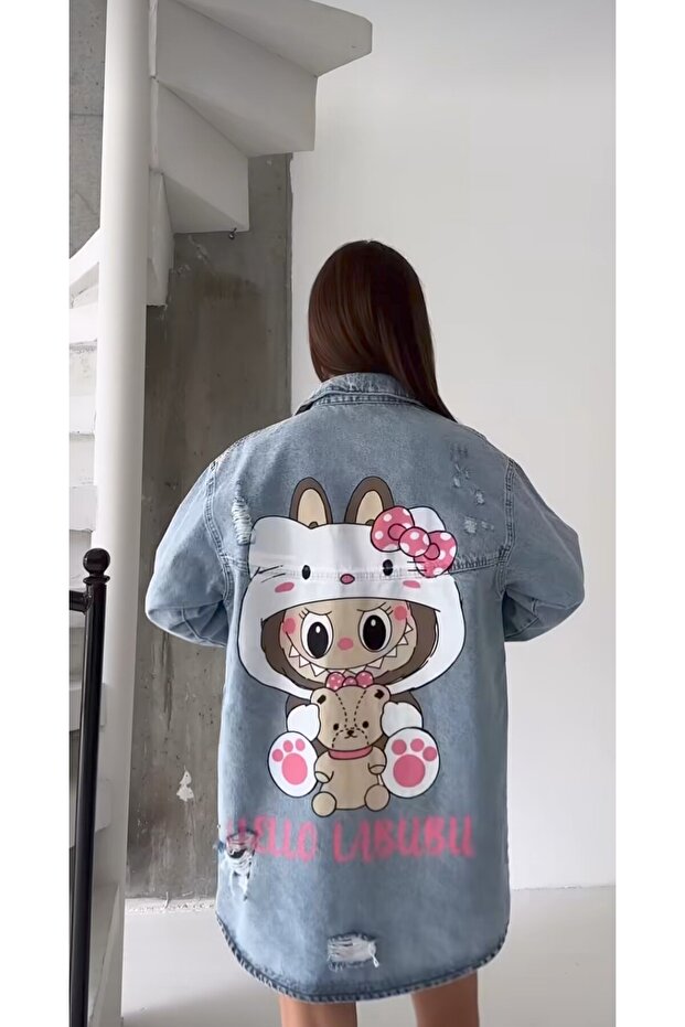 سترة من الدنيم كبيرة الحجم بطبعة خلفية - 2