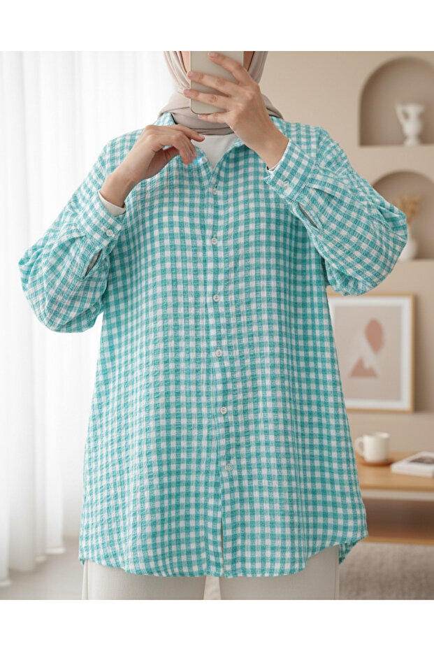 Boydan Düğmeli Gofre Gömlek -Mint - 3