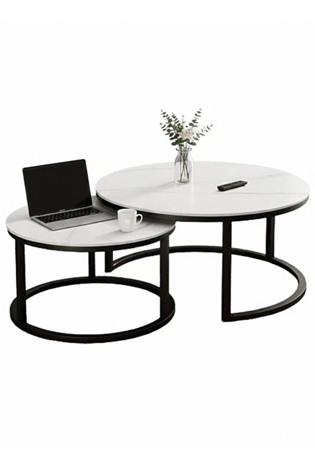 Modern Nested Round Coffee Table Set of 2 with Sturdy Metal Frame - 2