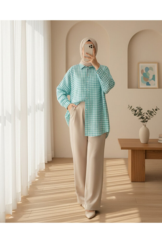 Boydan Düğmeli Gofre Gömlek -Mint - 1