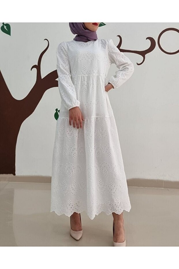 Rochie cu mâneci elastice -Albă - 6