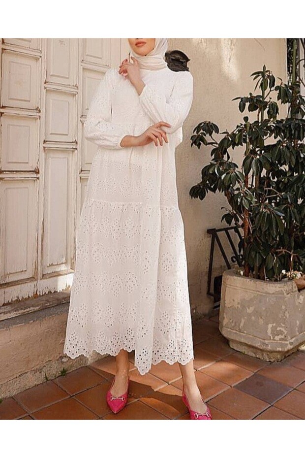 Rochie cu mâneci elastice -Albă - 7