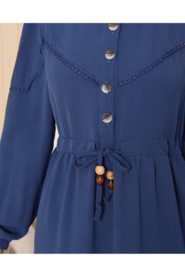 Half Buttoned Patchwork Lace-Up Dress -Dark Blue - 5