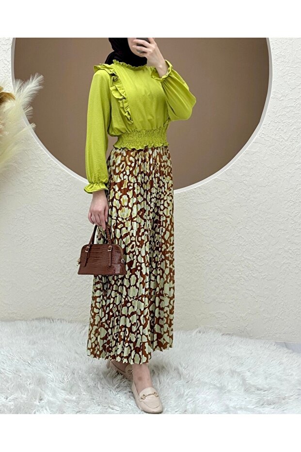 Dijital Baskılı Pliseli Etek -Taba - 2