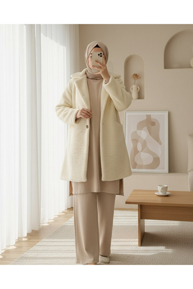 معطف مبطن بزر مع جيب أمامي - بيج - 2