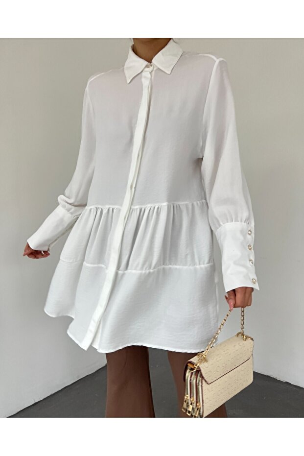 Pieced Linen Tunic with Stoned Buttons on Arm Cuff - 2