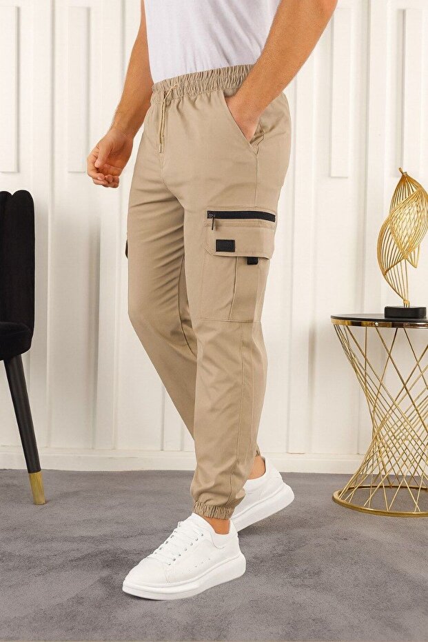 Men's Cargo Pocket Zipper Detailed Jogger Cream Parachute Pants