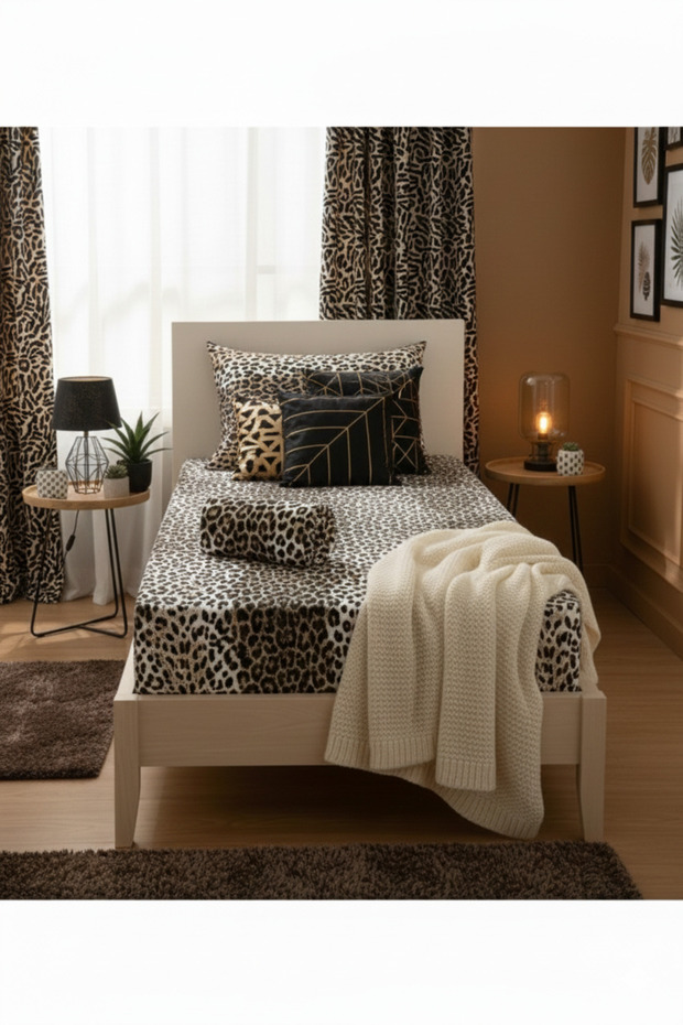 طقم ملاءات سرير مطاطية فردية بنقشة الفهد (طقم) - 1