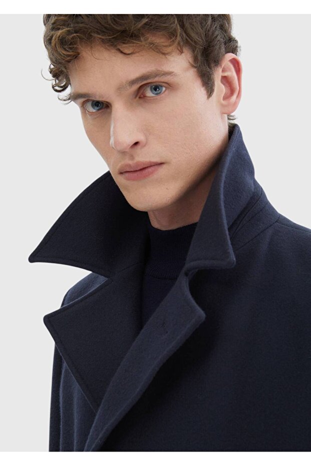 Lacivert Regular Fit Kruvaze Yaka Casual Örme Palto - 7