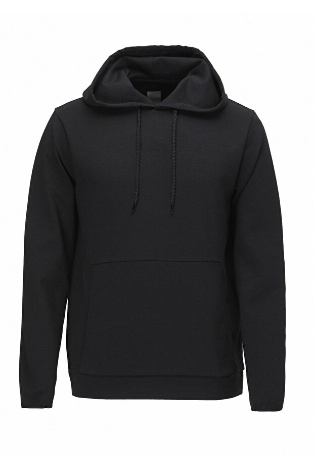 Siyah Kapüşonlu Düz Sweatshırt - 6