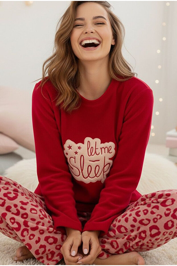 Burgundy Leopard Print Sleep-Themed Embroidered Fleece Winter Knitted Pajama Set