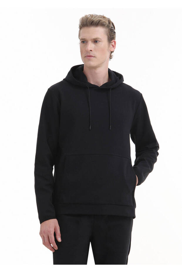 Siyah Kapüşonlu Düz Sweatshırt - 1