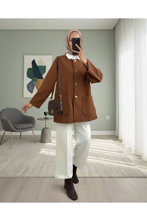 Double Pocket Buttoned Front Cashmere Jacket - Light Brown - 1