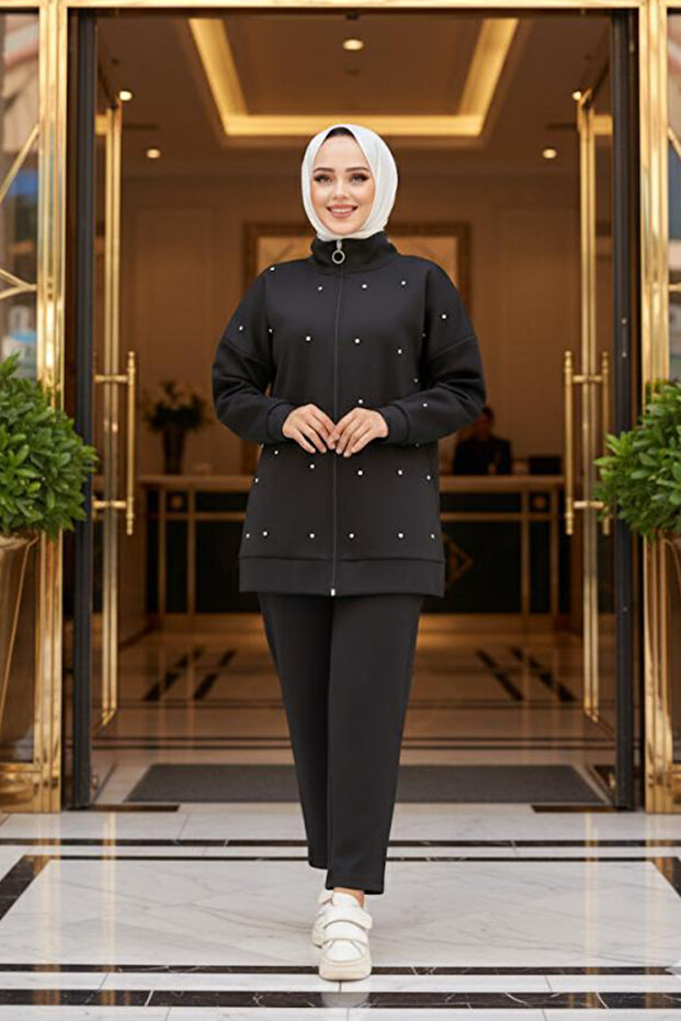 Zippered Black Hijab Double Set 12401S