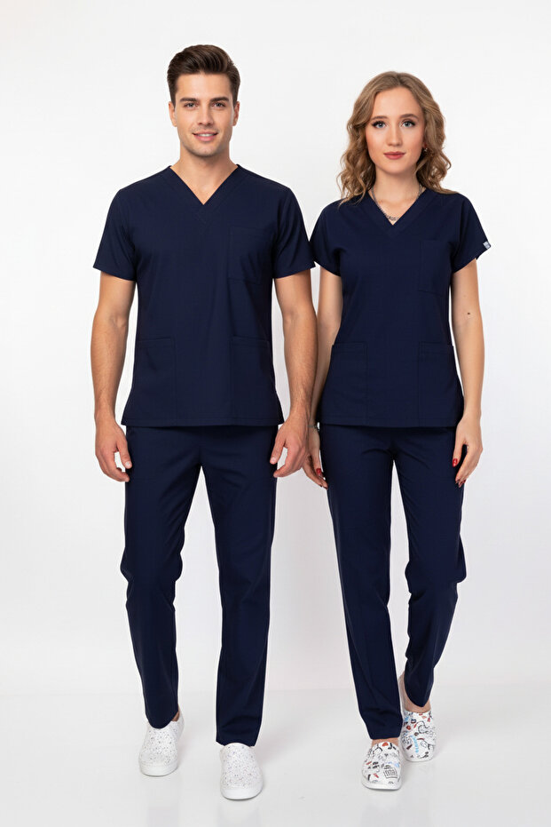 Unisex Doctor Nurse Uniform Navy Blue Cotton Lycra Batwing Sleeve Scrubs Surgical Suit