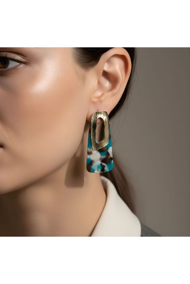 Gold Blue Patterned Acetate Rectangular Shaped Earrings – Modern and Elegant Women's Jewelry | Special Boxed