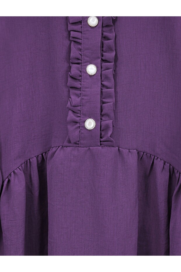Ruffled Front Half Button Linen Suit - Plum - 4