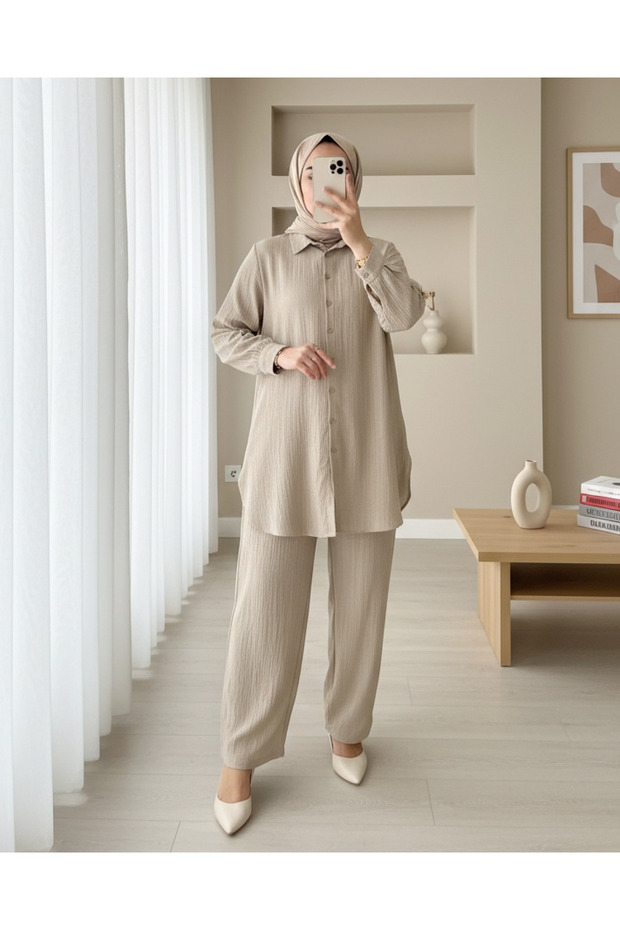 بدلة كرينكل مع بنطلون طويل بأزرار - مينك - 1