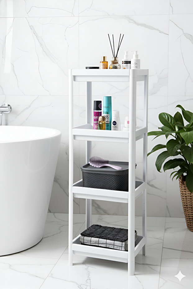 4 Tiers Bathroom Shelf Kitchen Shelf Bathroom Organizer Shampoo Towel Holder Detergent Holder Cupboard Organizer White