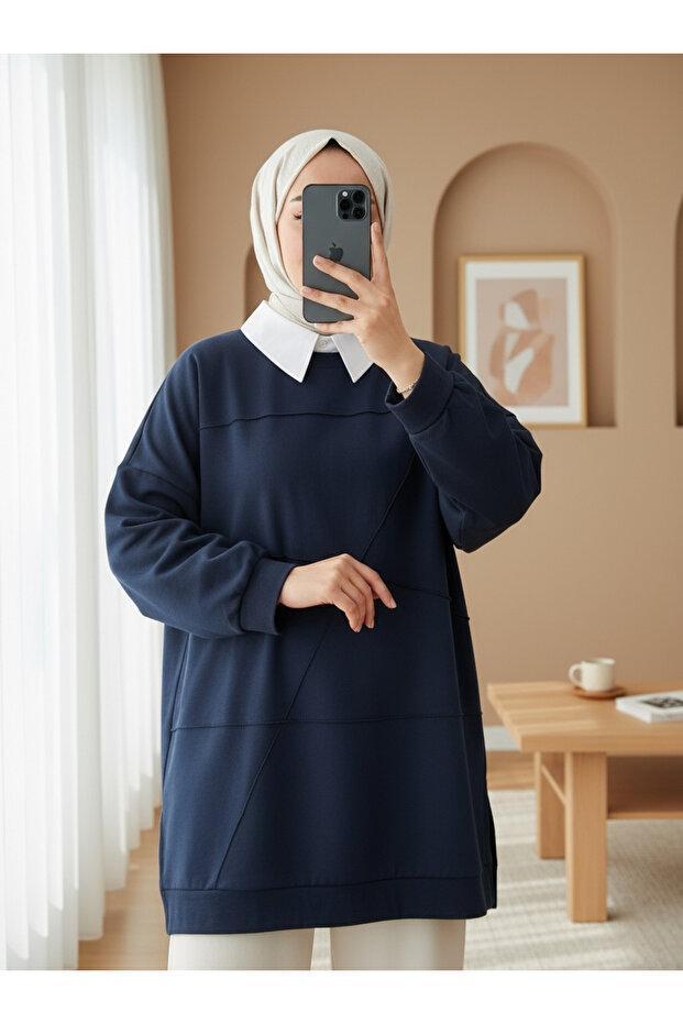 Round Neck Grassed Slit Loose Combed Cotton Tunic - Navy