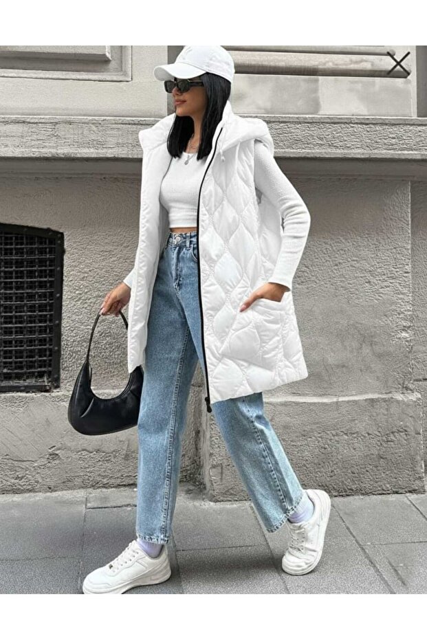 kapşonlu kaiptone uzun yelek - 1