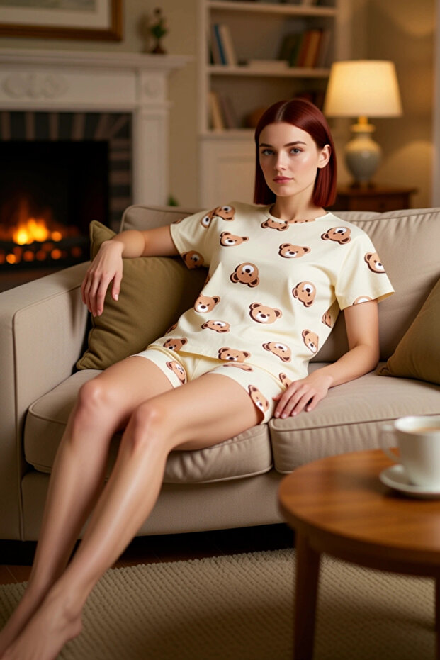 Women's Teddy Bear Cotton Short Sleeve Pajamas Set Durable Material Trend Design