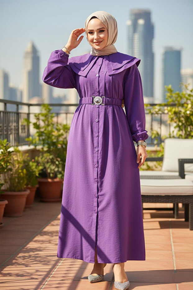 Gemici Collar Purple Hijab Dress 20229Mor