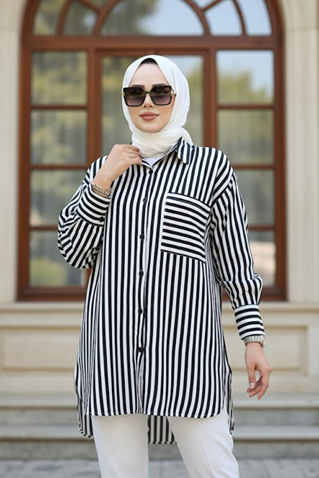 Striped Black Hijab Shirt 10469S