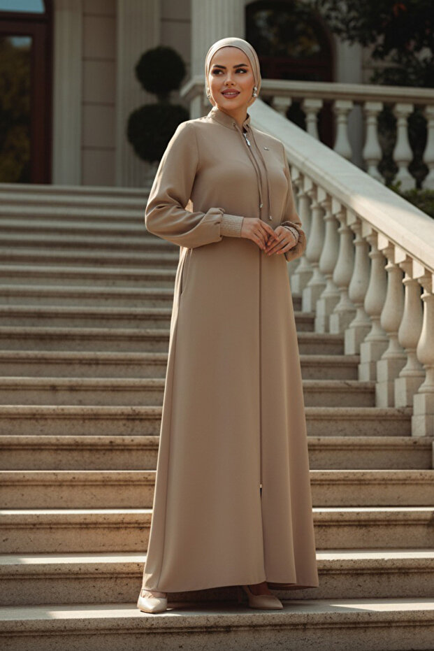 Beige Hijab with Pockets Ferace 20036BEIGE