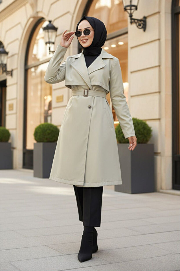 Light Khaki Hijab Trench Coat with Buckle Belt 59371AHK