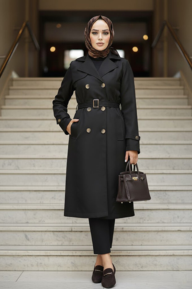 Belted Black Hijab Trench Coat 60500S