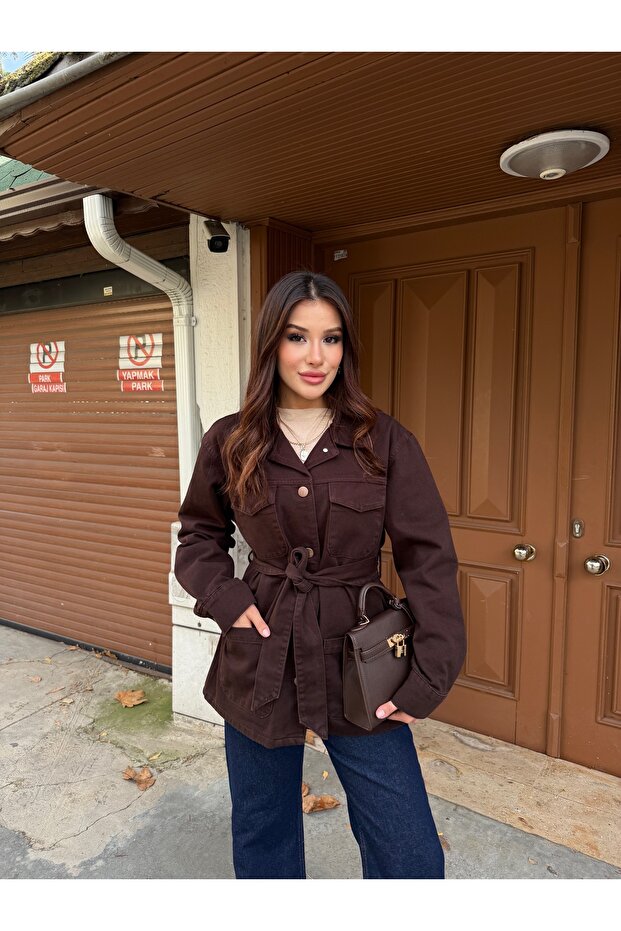 Women's Belted Denim Jacket with Pockets - Brown Jean Coat