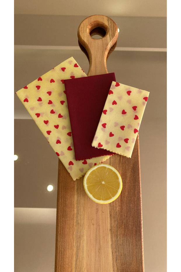 Heart Patterned Fabric Reusable Natural Waxed (Wax) Food Storage Cloth Set of 3