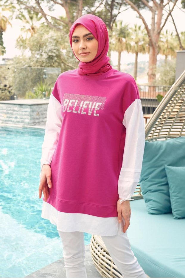 Text Printed Garnished Sweatshirt Tunic 43664