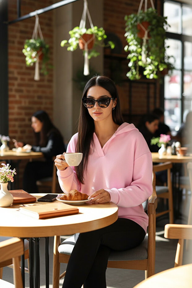 Elegance 3 İplik Ş Fleece-Lined O Oversized Women's K Hooded Sweatshirt Pink
