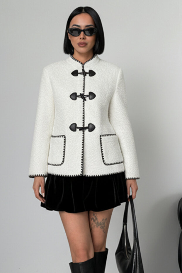Ecru Buttoned Plush Women's Coat