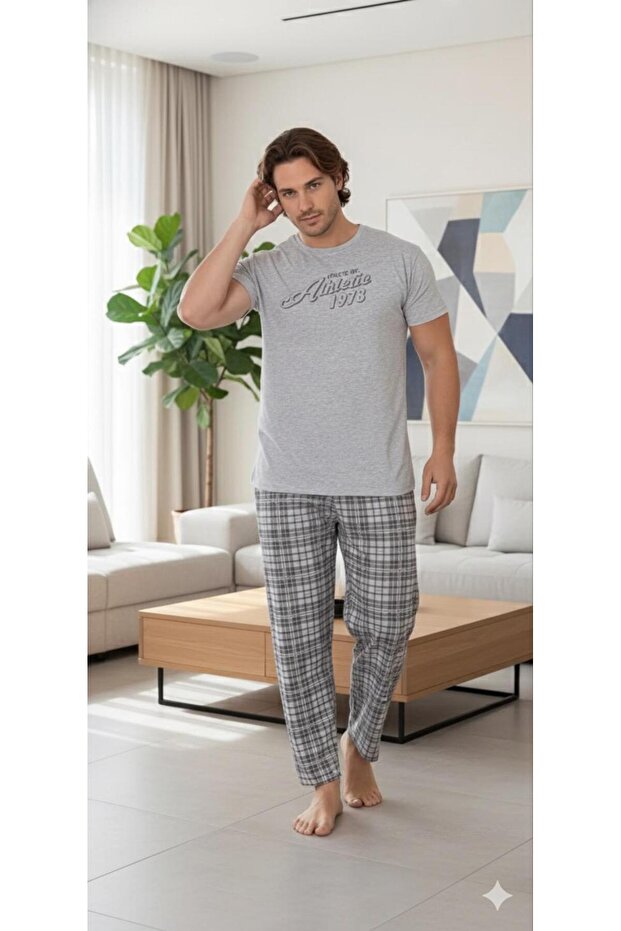 Men's Short Sleeve Gray Color Plaid Pajama Set